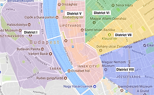 Plano detallado de los distritos de Budapest, mostrando las principales áreas y barrios de la ciudad con sus nombres y ubicaciones.