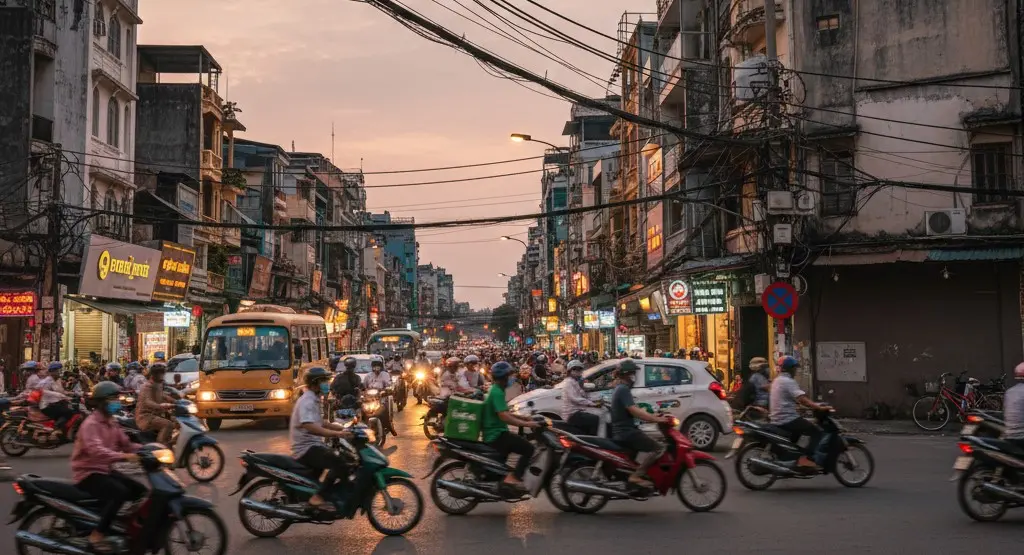 Tráfico de motos en una calle de Vietnam, la forma más común de moverse por el país