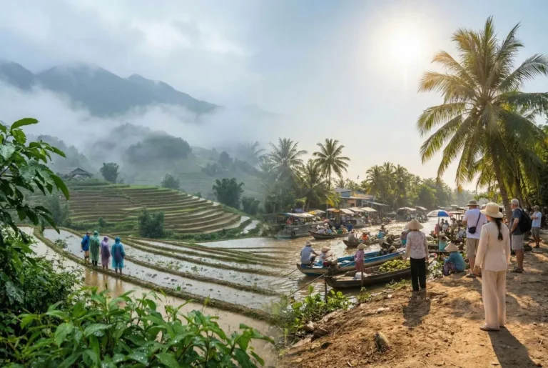 Paisaje dividido con arrozales bajo la niebla y canales soleados que ilustra los contrastes del clima y la mejor época para viajar a Vietnam