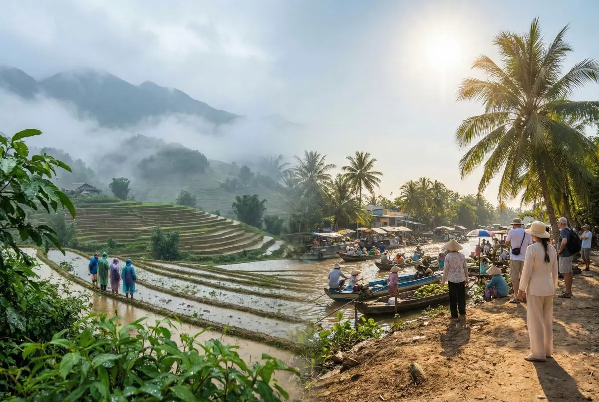 Paisaje dividido con arrozales bajo la niebla y canales soleados que ilustra los contrastes del clima y la mejor época para viajar a Vietnam