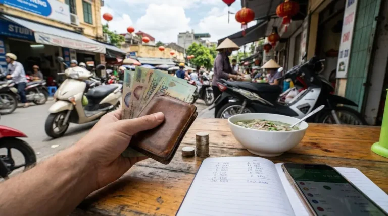 Primer plano de una mano con dongs vietnamitas, una billetera y una libreta de apuntes de gastos en una calle de Vietnam, representando el cálculo del presupuesto viajar vietnam