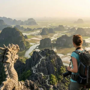 Viajero mirando la Bahía de Halong desde un mirador, portada de la guía para viajar a Vietnam por libre