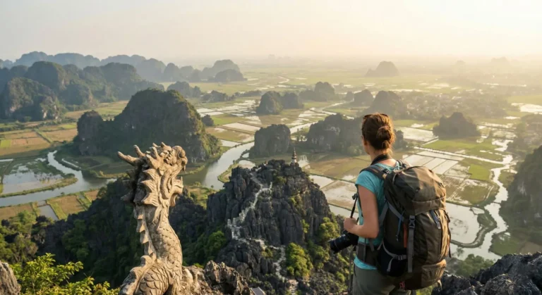 Viajero mirando la Bahía de Halong desde un mirador, portada de la guía para viajar a Vietnam por libre