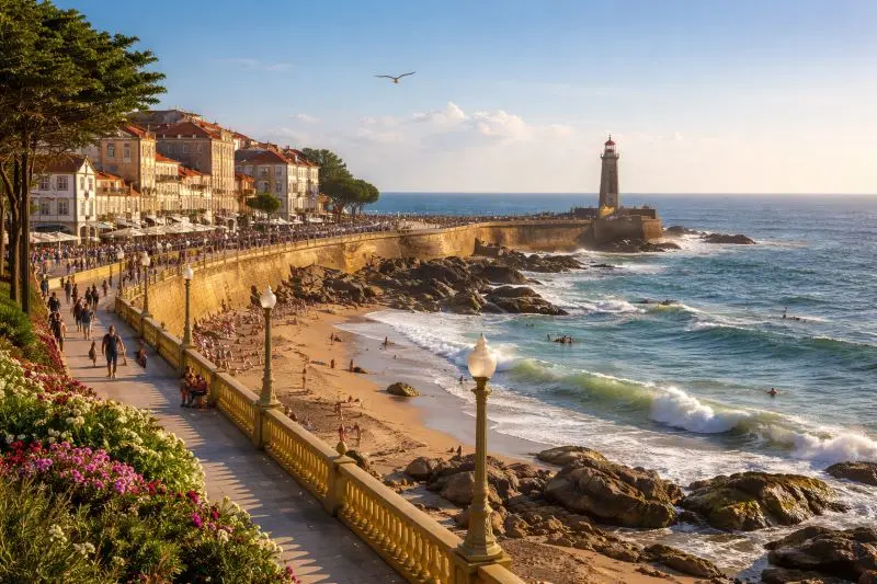 Paisaje costero de Foz do Douro en Oporto al atardecer, con el Faro de Felgueiras recibiendo el impacto de grandes olas del Atlántico y un paseo marítimo con pérgolas neoclásicas