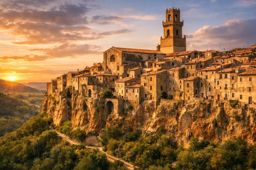 El espectacular pueblo de Pitigliano construido sobre un acantilado de roca volcánica en la Toscana.