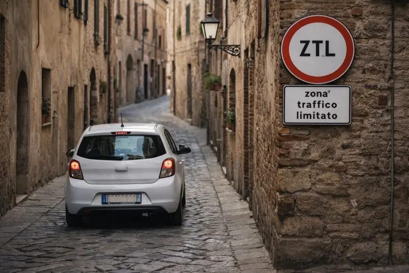Un coche pequeño de alquiler conduciendo por una calle estrecha empedrada, preferiblemente donde se vea de fondo una señalización circular con borde rojo de ZTL (Zona de Tráfico Limitado).