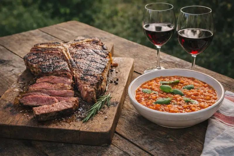 Mesa con comida típica toscana incluyendo bistecca alla fiorentina y copas de vino tinto Chianti.