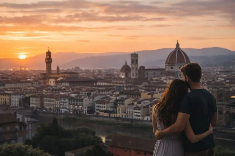 Pareja de viajeros contemplando el atardecer sobre la cúpula del Duomo al visitar Florencia en la Toscana.