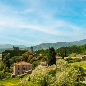 Paisaje de colinas verdes y cipreses en el Val d'Orcia al atardecer, ideal para viajar a la Toscana.
