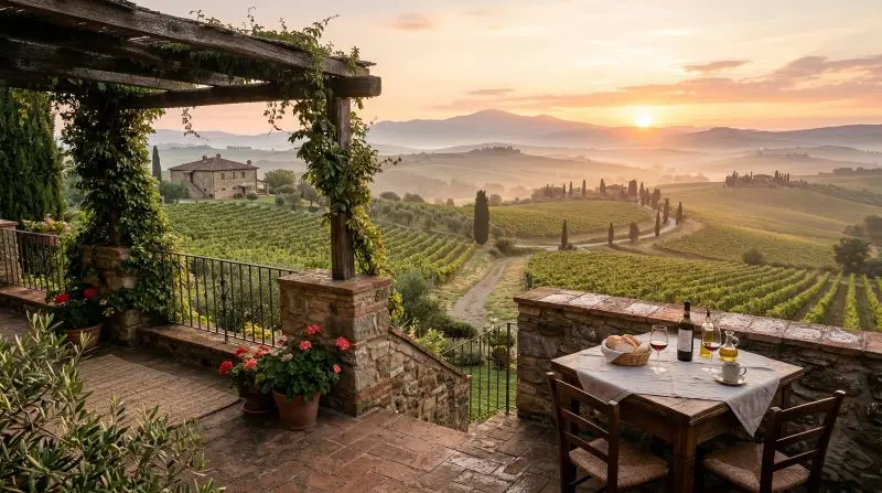 agriturismo Toscana vistas viñedos amanecer Val d'Orcia