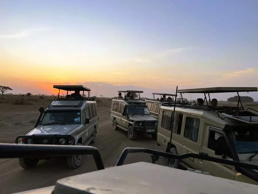 aglomeración de vehículos en safari en masai mara
