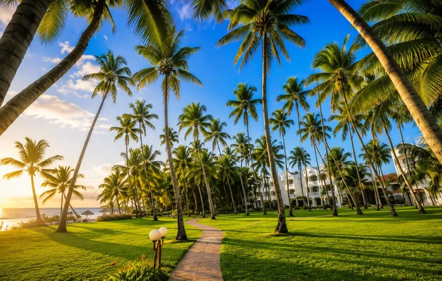 Jardines tropicales del hotel Sarova White Sands en Mombasa, Kenia