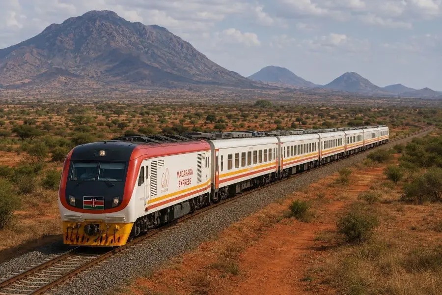 Tren Madaraka Express de Nairobi a Mombasa atravesando el Parque Nacional de Tsavo
