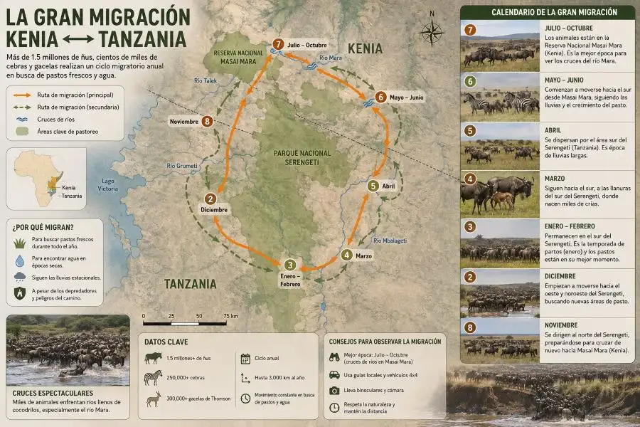 Mapa de la gran migración para saber cuando viajar a Kenia