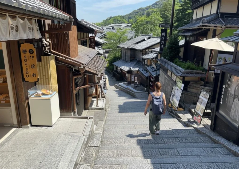 Calle Sannenzaka en Kioto con casas tradicionales, parada en un itinerario de 4 días