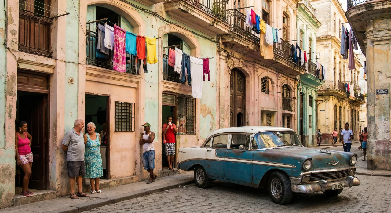 Calle típica de La Habana Vieja con vida local y coches clásicos