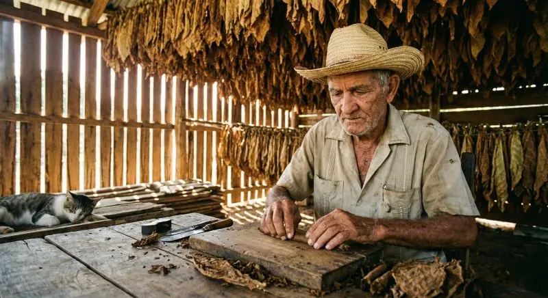 Campesino en Viñales enrollando tabaco artesanal