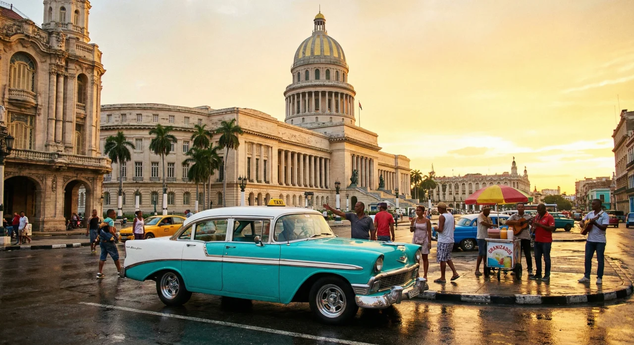 Coche clásico almendrón frente al Capitolio de La Habana Cuba