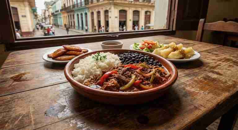 Plato de ropa vieja cubana en un paladar de La Habana