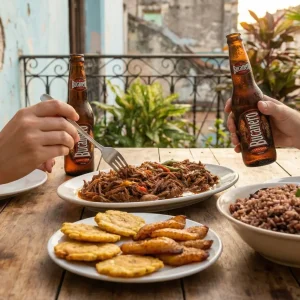 Mesa con comida típica cubana: ropa vieja, arroz congrí y tostones servidos en un paladar privado de La Habana