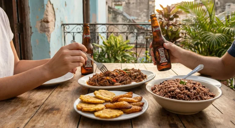 Mesa con comida típica cubana: ropa vieja, arroz congrí y tostones servidos en un paladar privado de La Habana