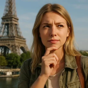 Mujer en primer plano con la Torre Eiffel al fondo durante un viaje a París