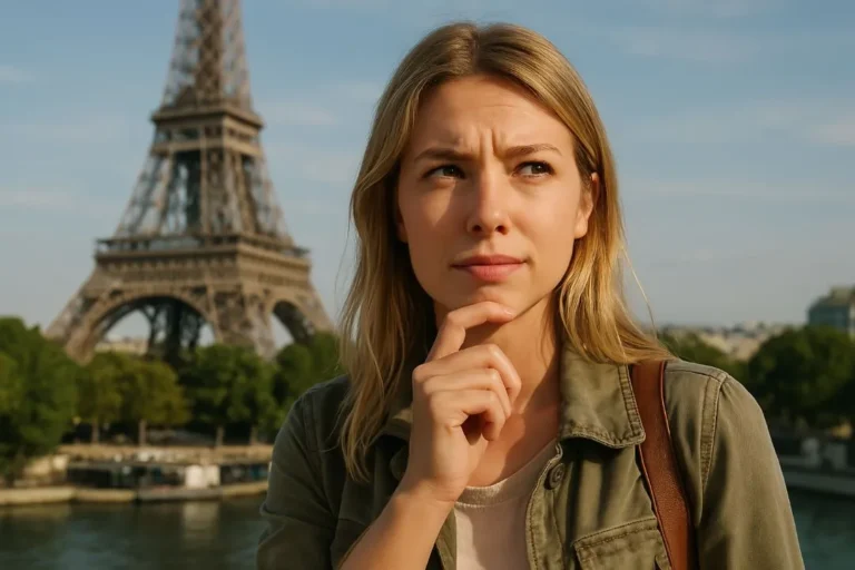 Mujer en primer plano con la Torre Eiffel al fondo durante un viaje a París