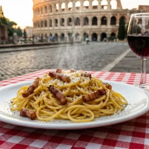 Plato de pasta carbonara en una trattoria tradicional donde comer bien y barato en Roma