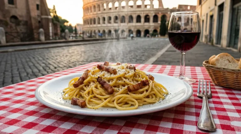 Plato de pasta carbonara en una trattoria tradicional donde comer bien y barato en Roma