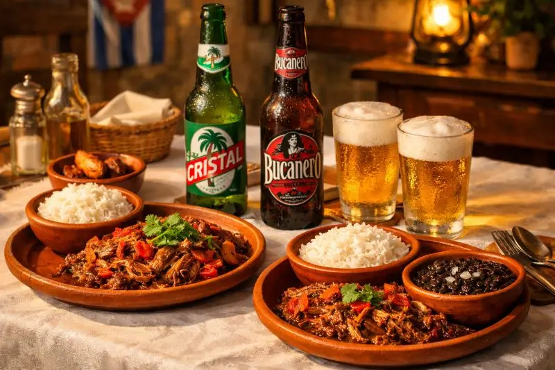 Mesa con comida típica cubana en un restaurante privado o paladar