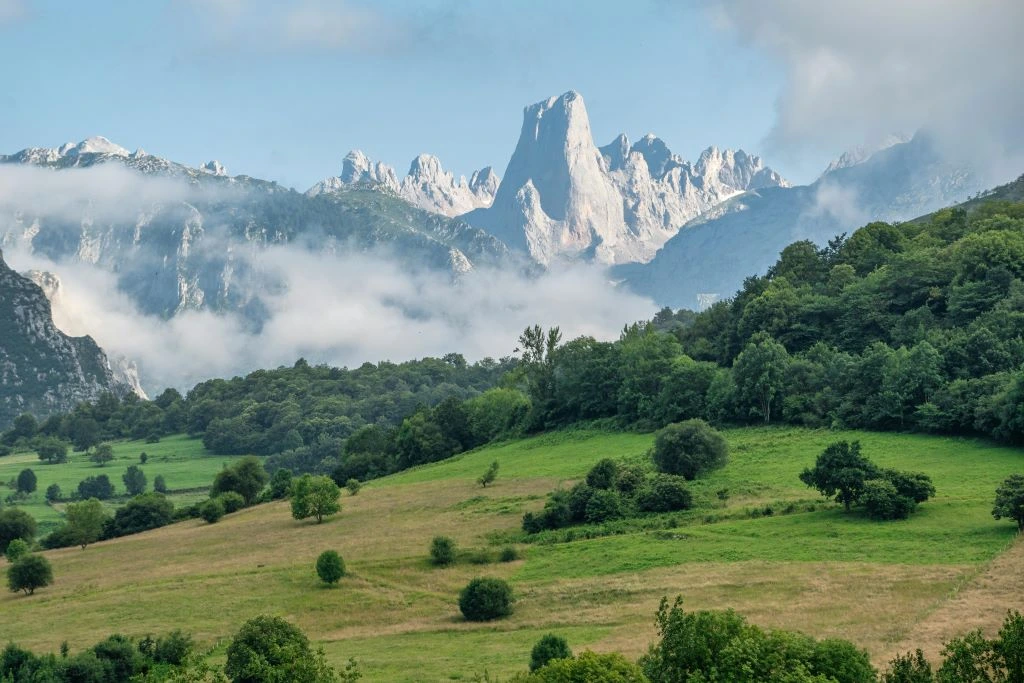 Impresionantes vistas de los Picos de Europa con valles verdes, un paisaje imprescindible en tu ruta por el norte de España.