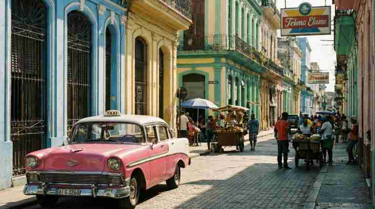 Coche clásico de color rosa en una calle colorida de La Habana Vieja, Cuba - Guía de ruta de 15 días