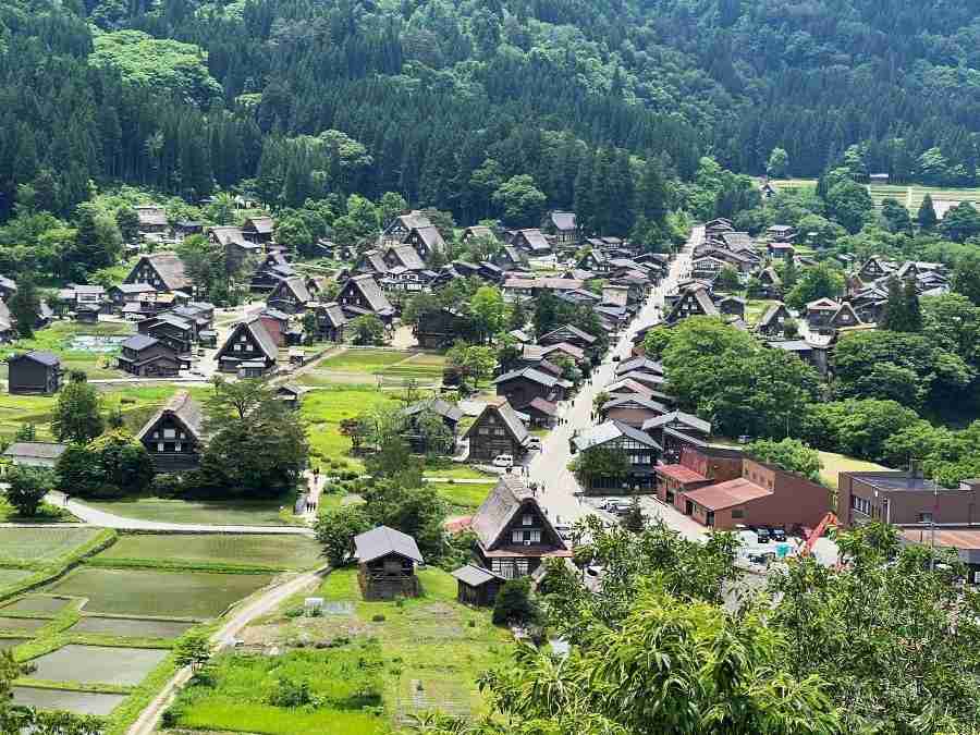 Vista aérea de Shirakawa-go con casas gassho-zukuri rodeadas de verde
