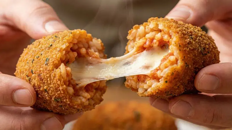Supplì romano abierto con mozzarella fundida, un entrante típico y barato