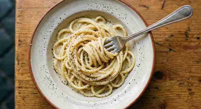 Plato de pasta Cacio e Pepe tradicional en restaurante romano