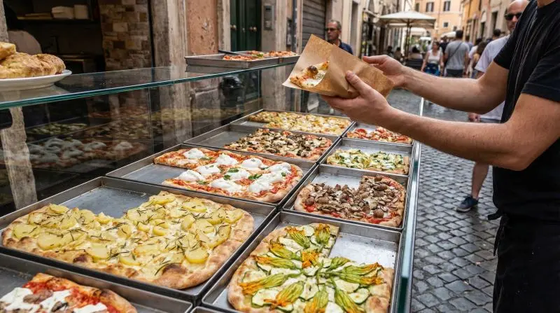 Variedad de pizza al taglio en Roma, la mejor opción de comida rápida y barata