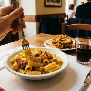Mesa de trattoria romana con platos típicos: Rigatoni a la Carbonara auténtica con guanciale, alcachofa frita y vino tinto.