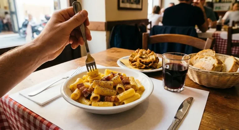 Mesa de trattoria romana con platos típicos: Rigatoni a la Carbonara auténtica con guanciale, alcachofa frita y vino tinto.