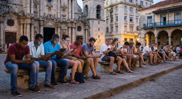 Fila de personas, incluyendo turistas y locales, sentadas en bancos de piedra en una plaza colonial al atardecer, con sus rostros iluminados por las pantallas de sus móviles mientras usan un punto de conexión Wifi público